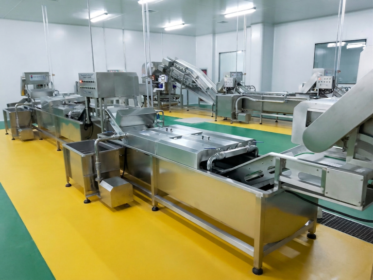Automated Fresh Cut Vegetable Processing Line Installed In A Hygienic Food Factory