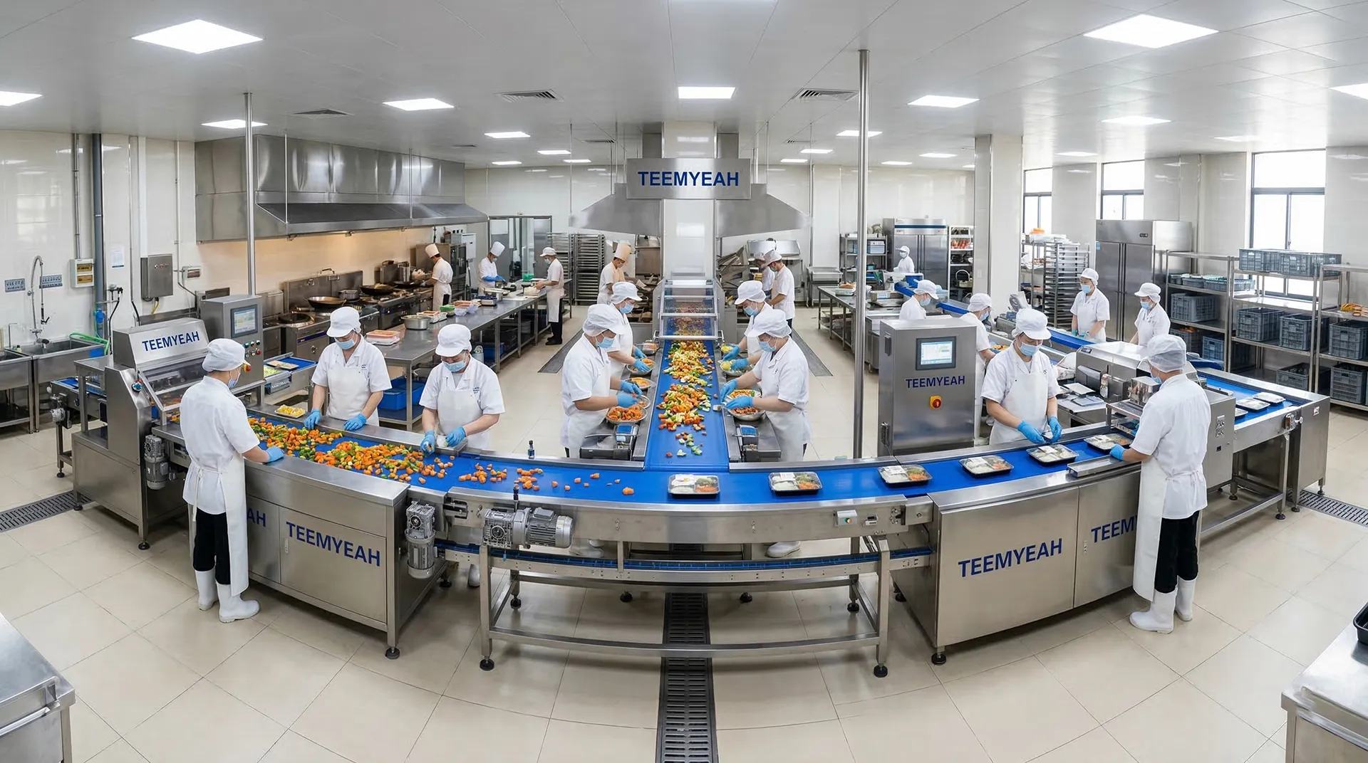 Central kitchen team preparing ingredients on a production line