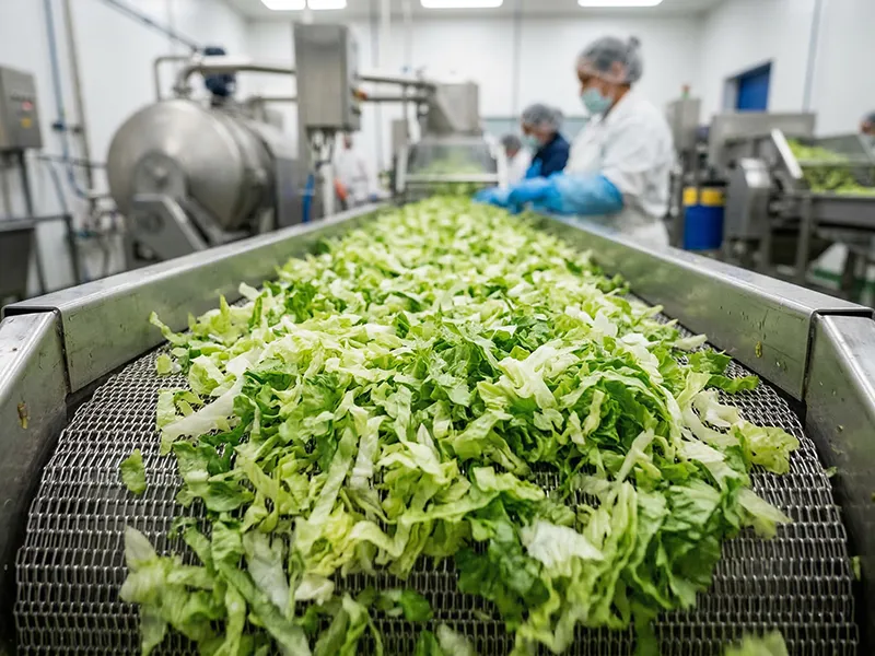 Fresh-cut leafy vegetables moving through a dewatering stage in a hygienic processing facility
