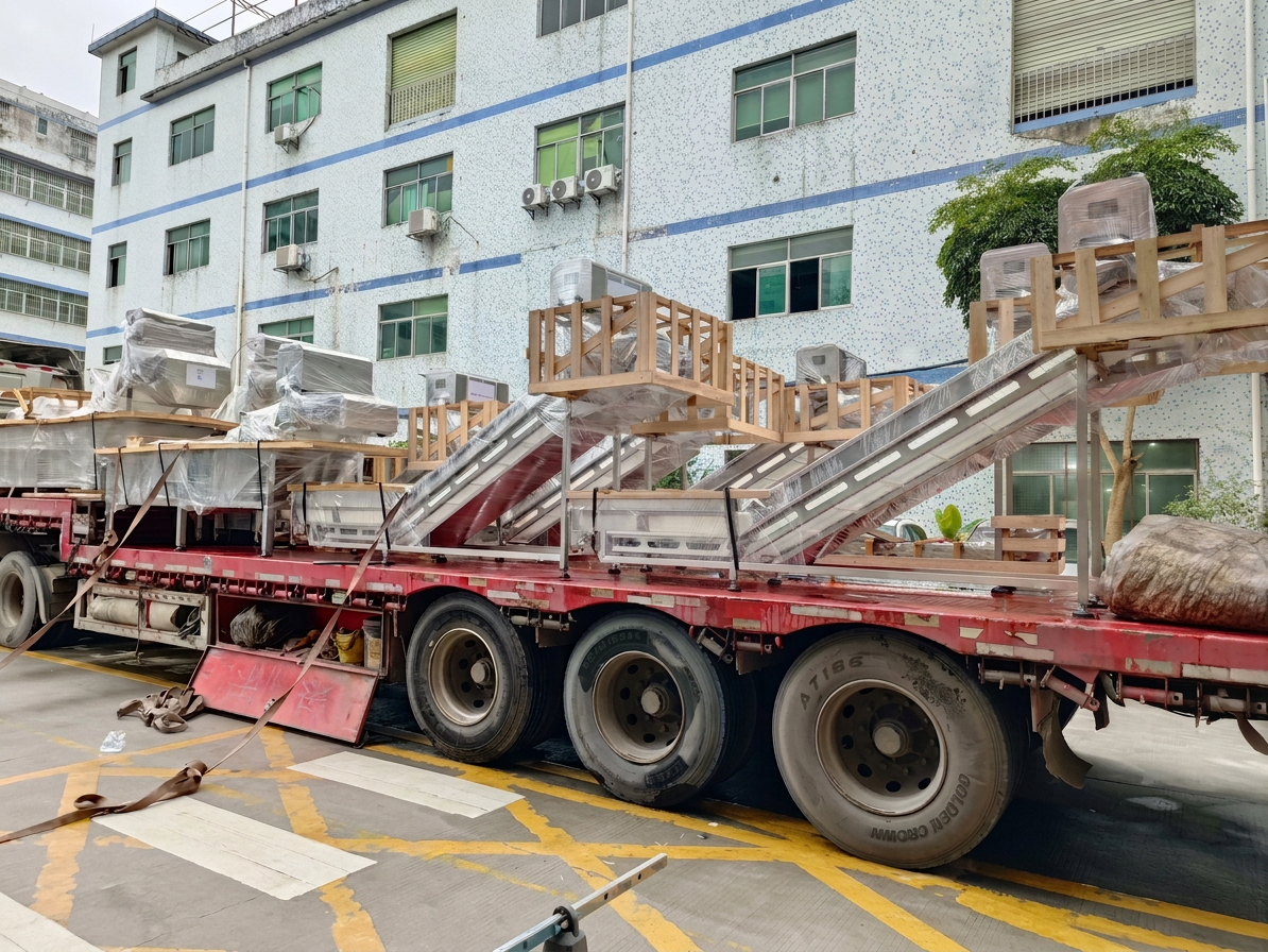 Food processing line equipment staged for delivery to a central preparation facility