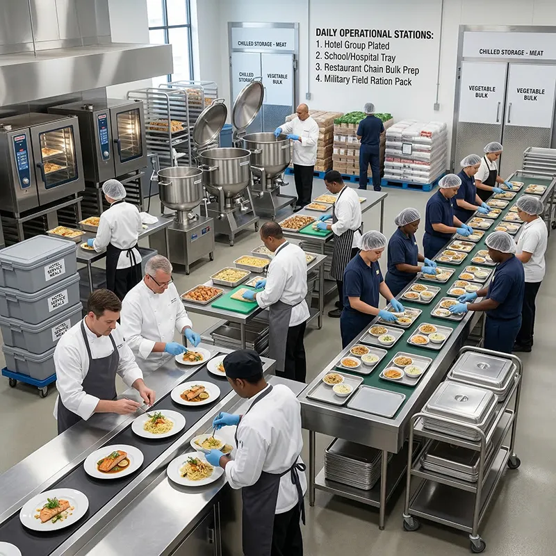 Institutional catering team organizing meal preparation workflow