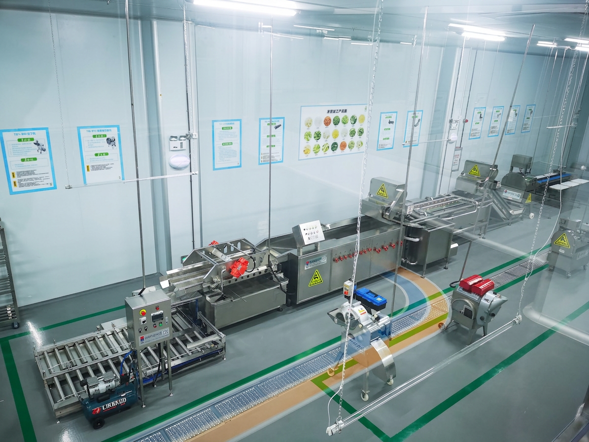 Integrated vegetable washing and processing line in a clean food production facility