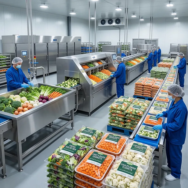 Food production team handling multiple vegetable products on a processing line