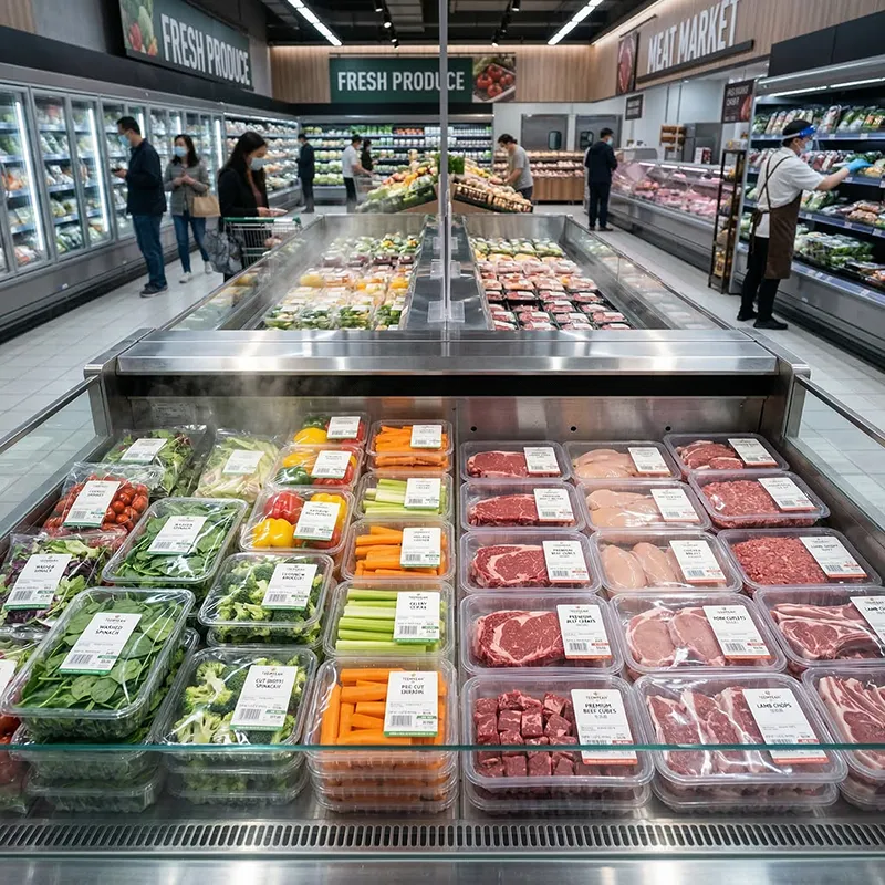 Retail display of packaged fresh-cut vegetables and other prepared foods