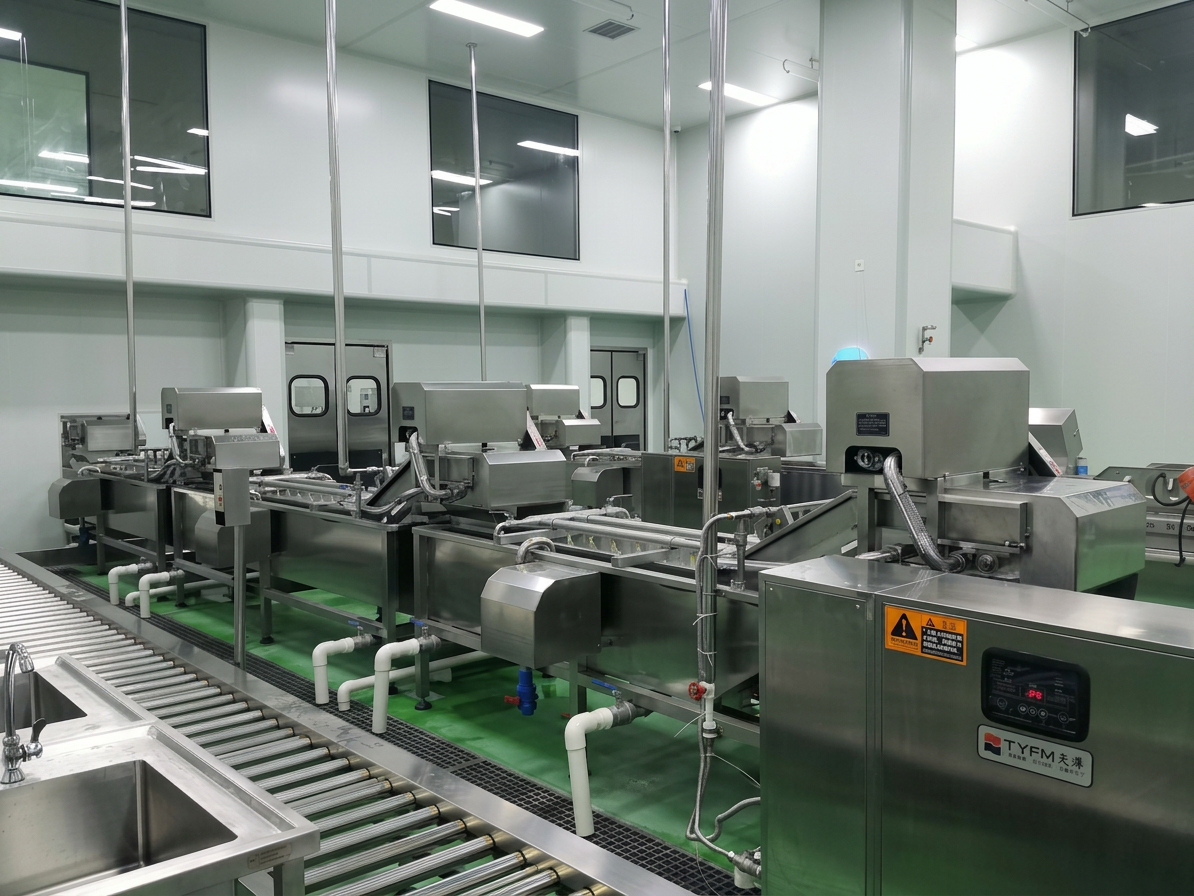 Central kitchen processing area with hygienic equipment and conveyor workflow