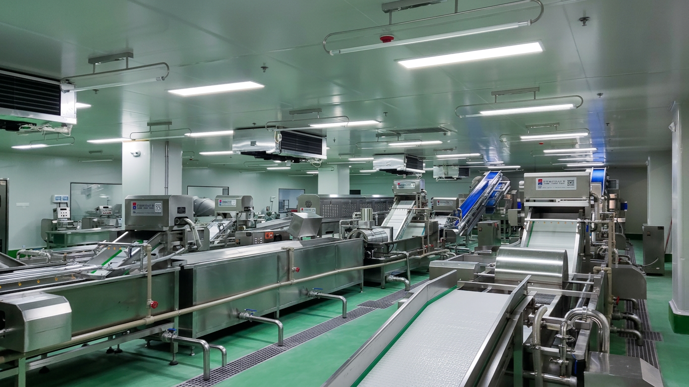 Integrated vegetable washing and conveying line in a hygienic processing room