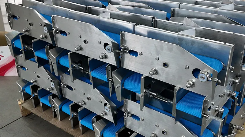 Blue conveyor-belt assemblies prepared for food processing machinery
