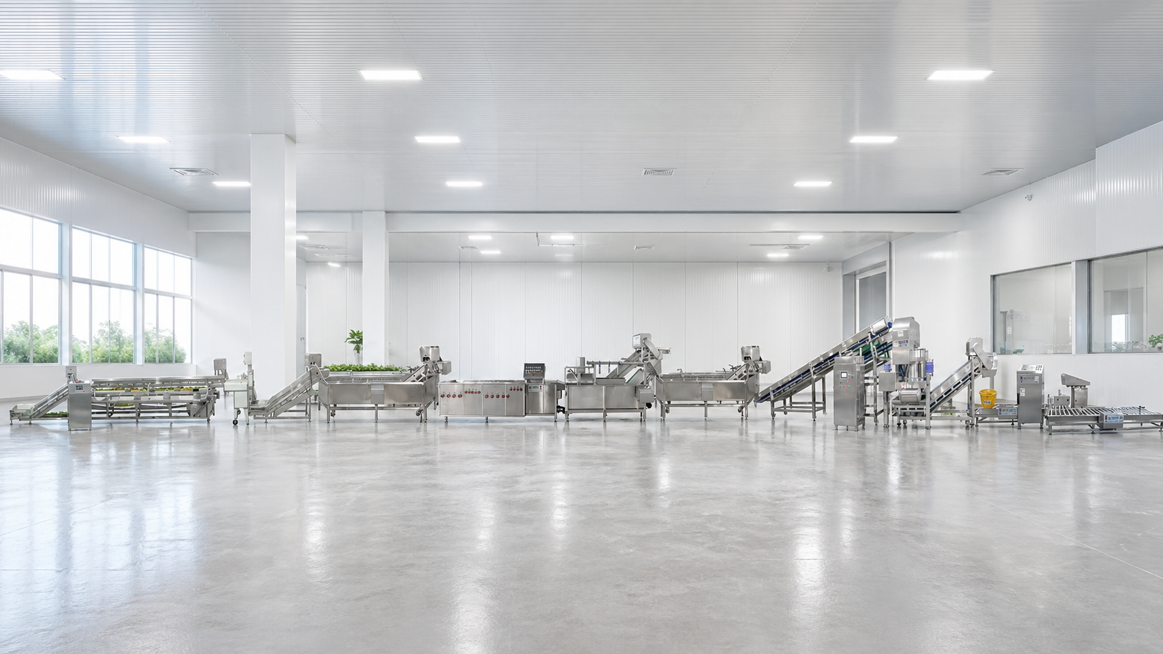 Integrated leafy vegetable processing line arranged in a clean production room