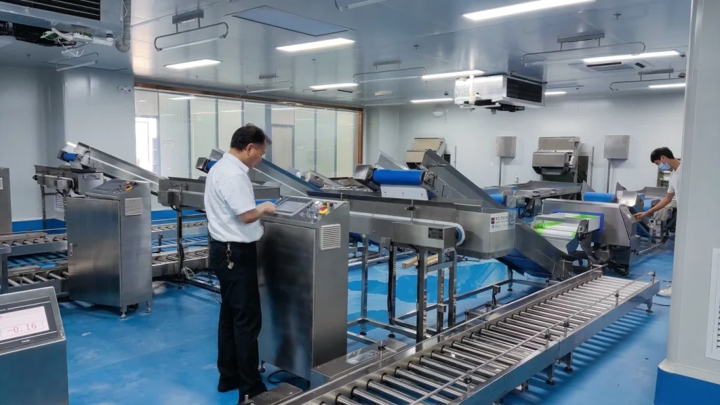 Engineers inspecting a food preparation line during a workflow audit