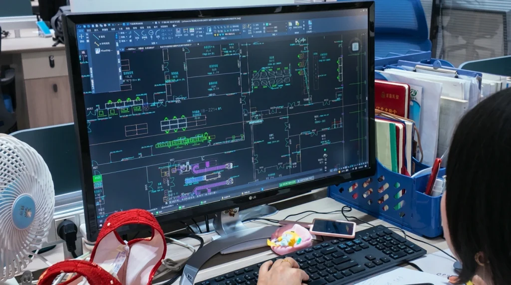 Engineer reviewing a food processing layout in CAD