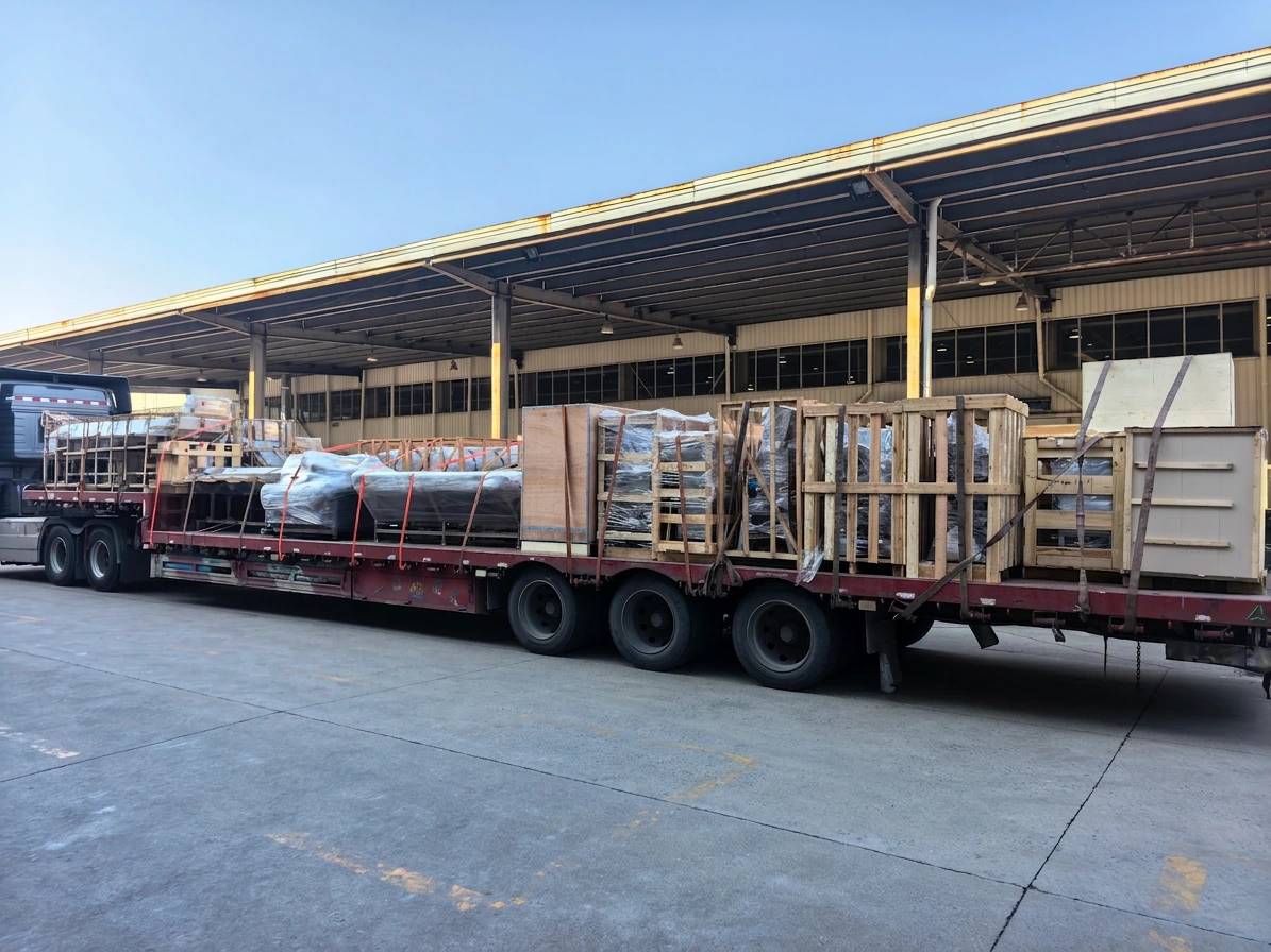 Crated and wrapped food processing equipment secured on a delivery truck outside a loading=