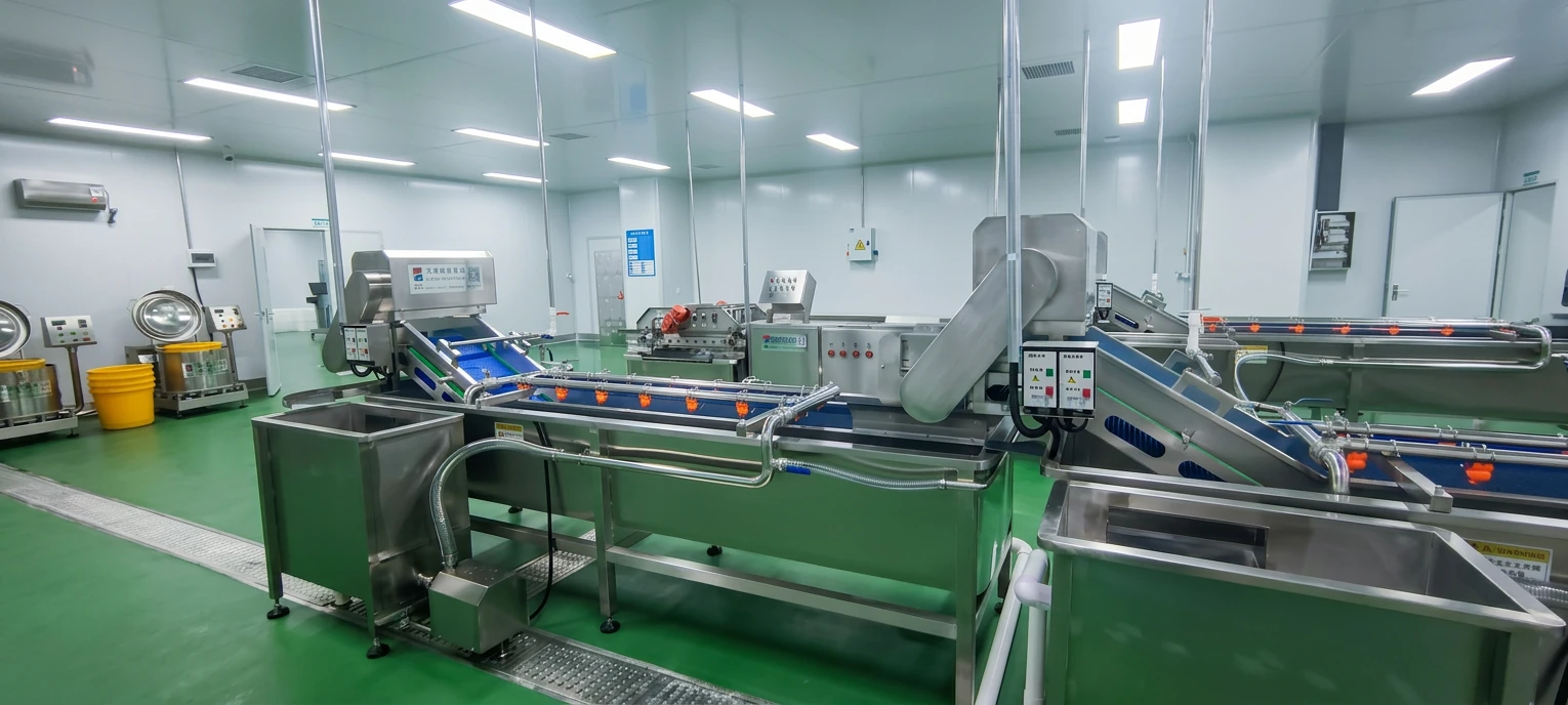 Automated conveyor and processing equipment arranged in a hygienic food workshop