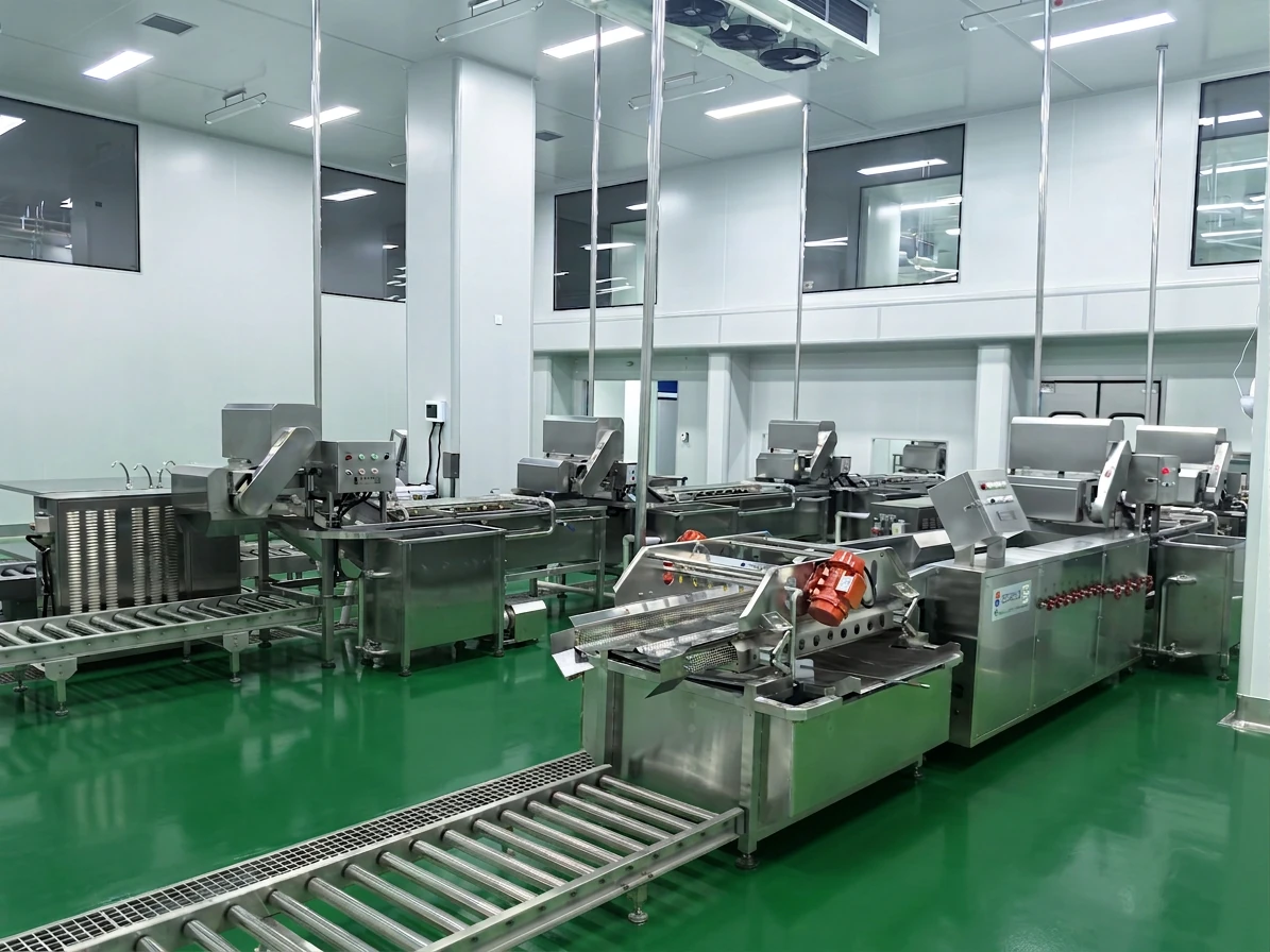 Integrated root vegetable processing equipment in a clean food factory workshop