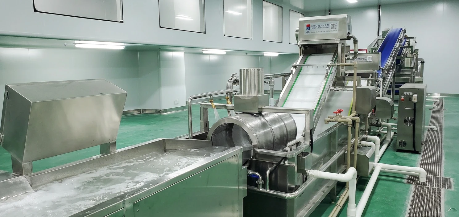 Integrated washing and transfer section in a hygienic fresh-cut processing room