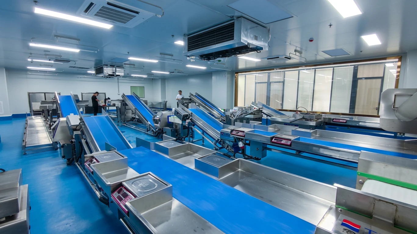 Food processing conveyor line illustrating integrated automation options