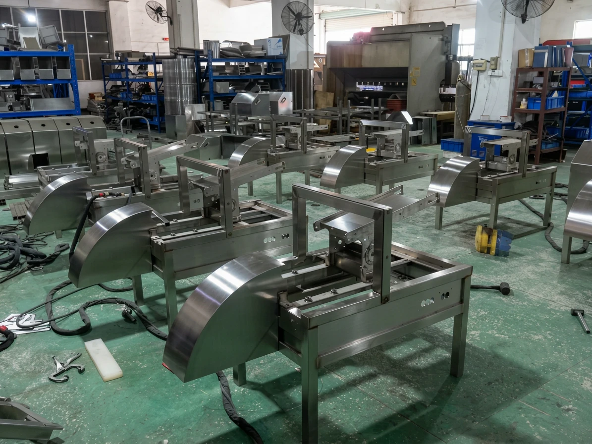 Stainless steel food processing machines in a workshop awaiting final inspection
