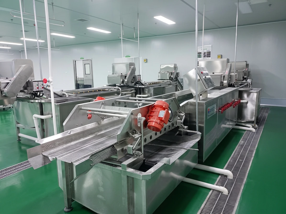 Stainless-steel food processing conveyors showing transfer points between line stages