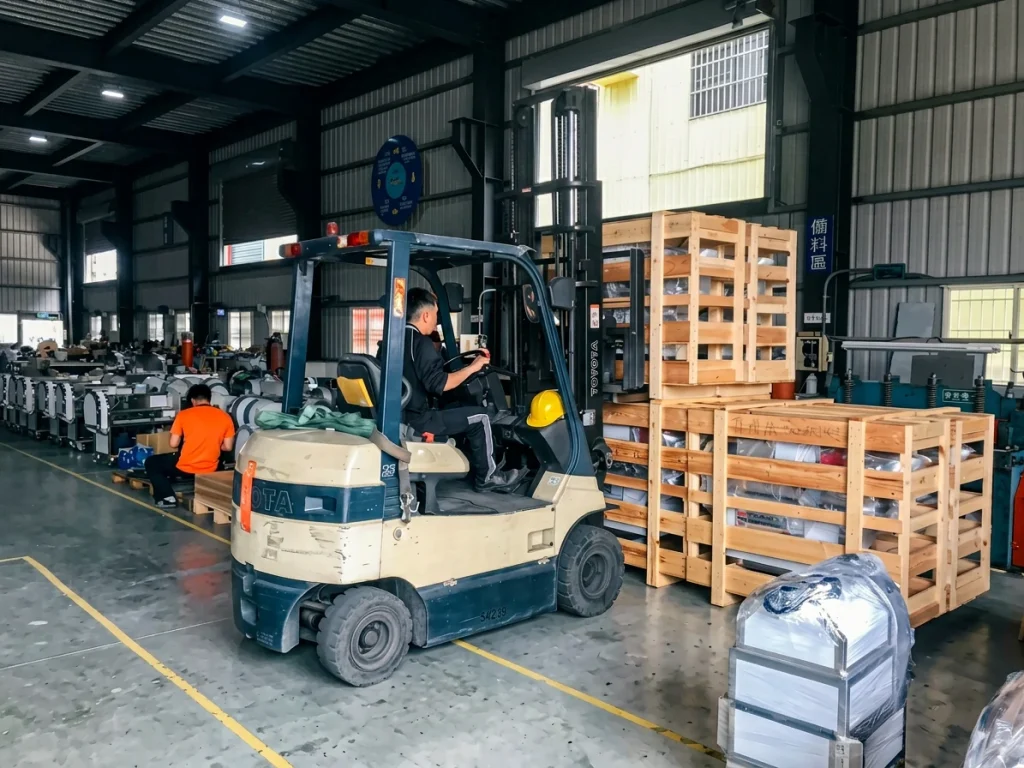 TEEMYEAH Forklift Moving Wooden Export Crates Inside The Warehouse