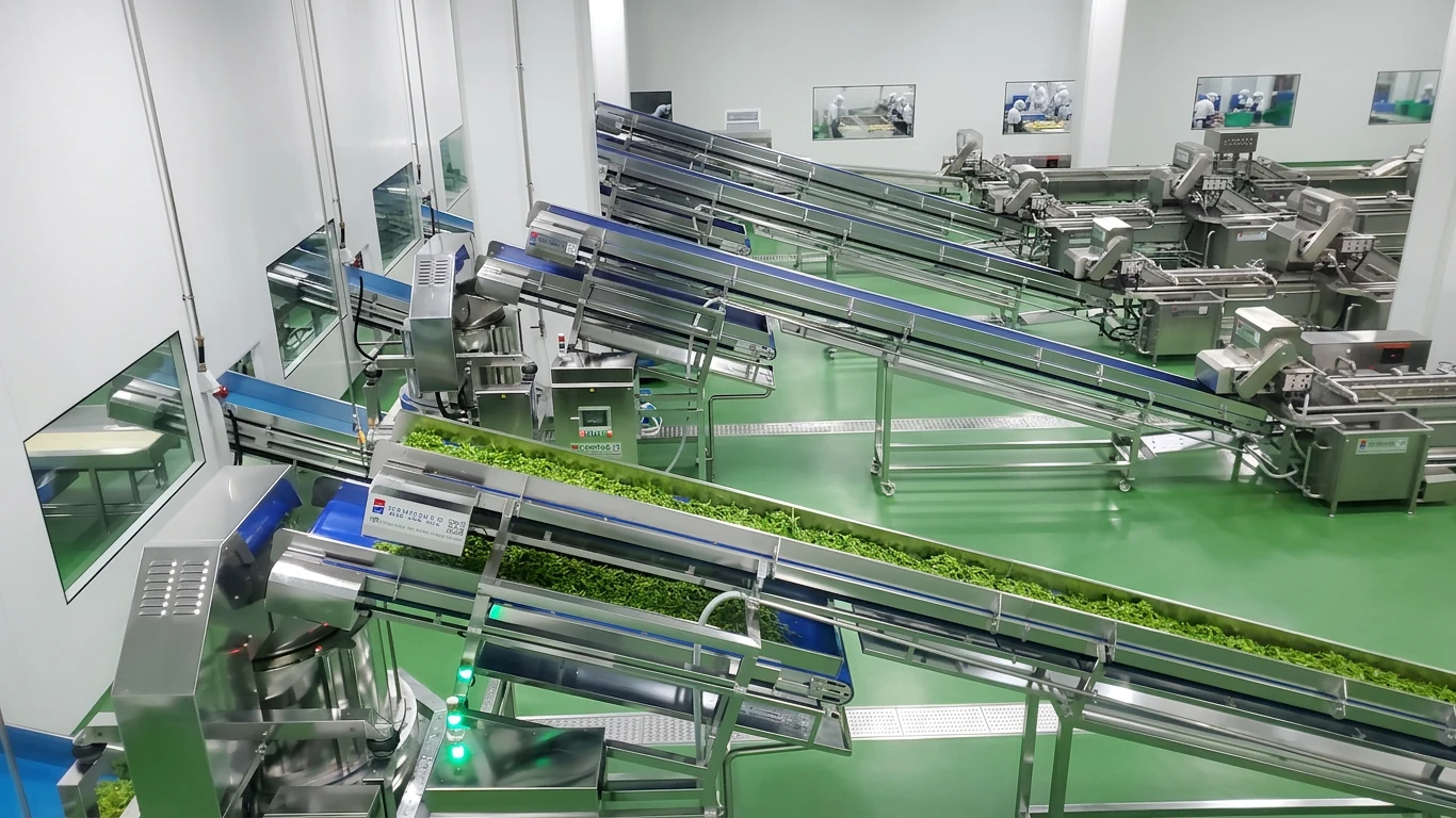 Inclined conveyor transfer system moving vegetables through a processing line