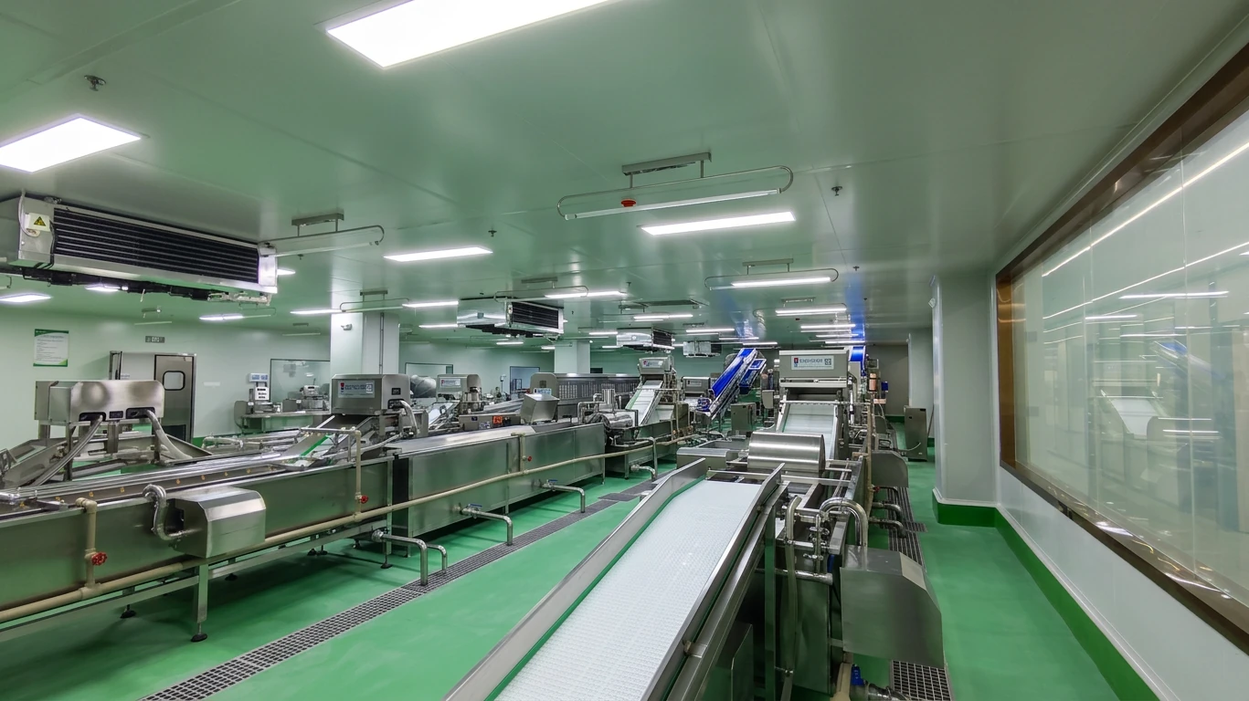 Long integrated food processing line inside a hygienic production facility