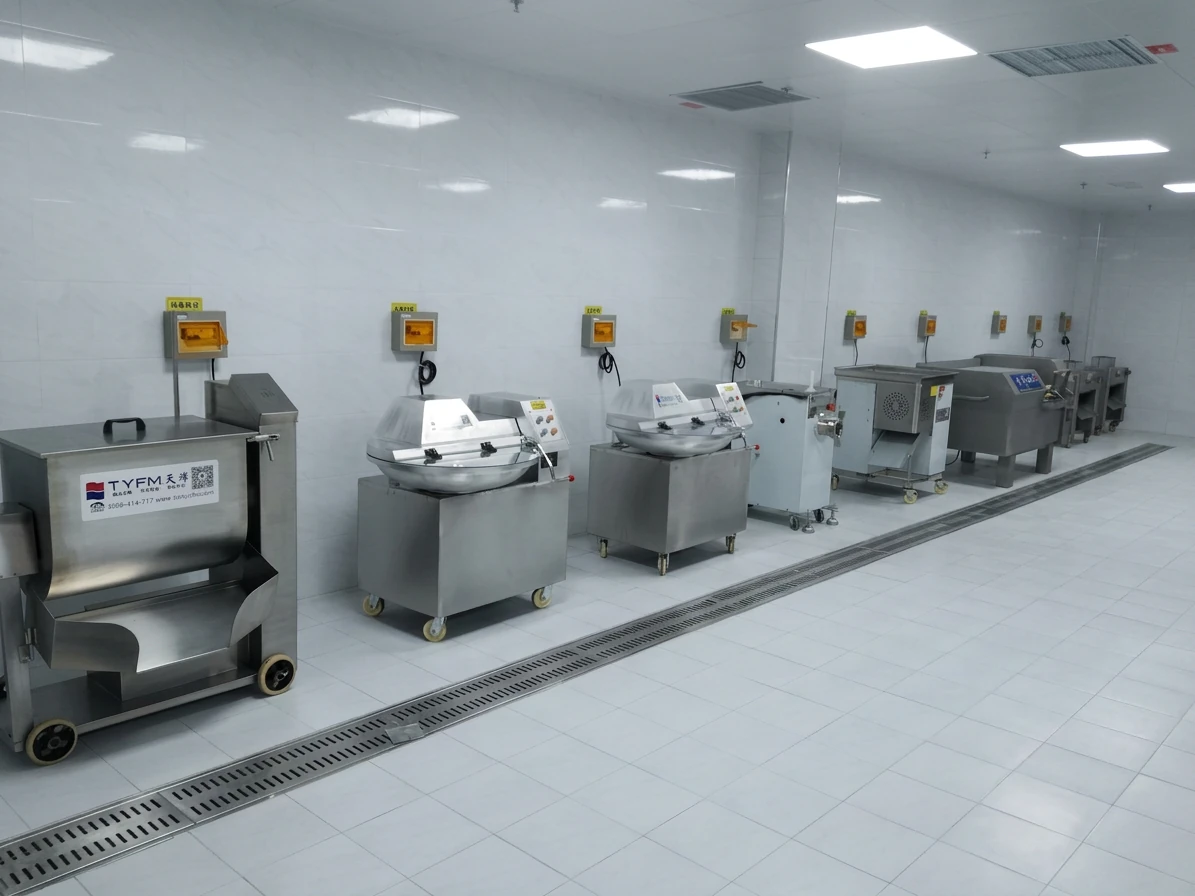Multiple food preparation machines arranged inside a clean central kitchen production room