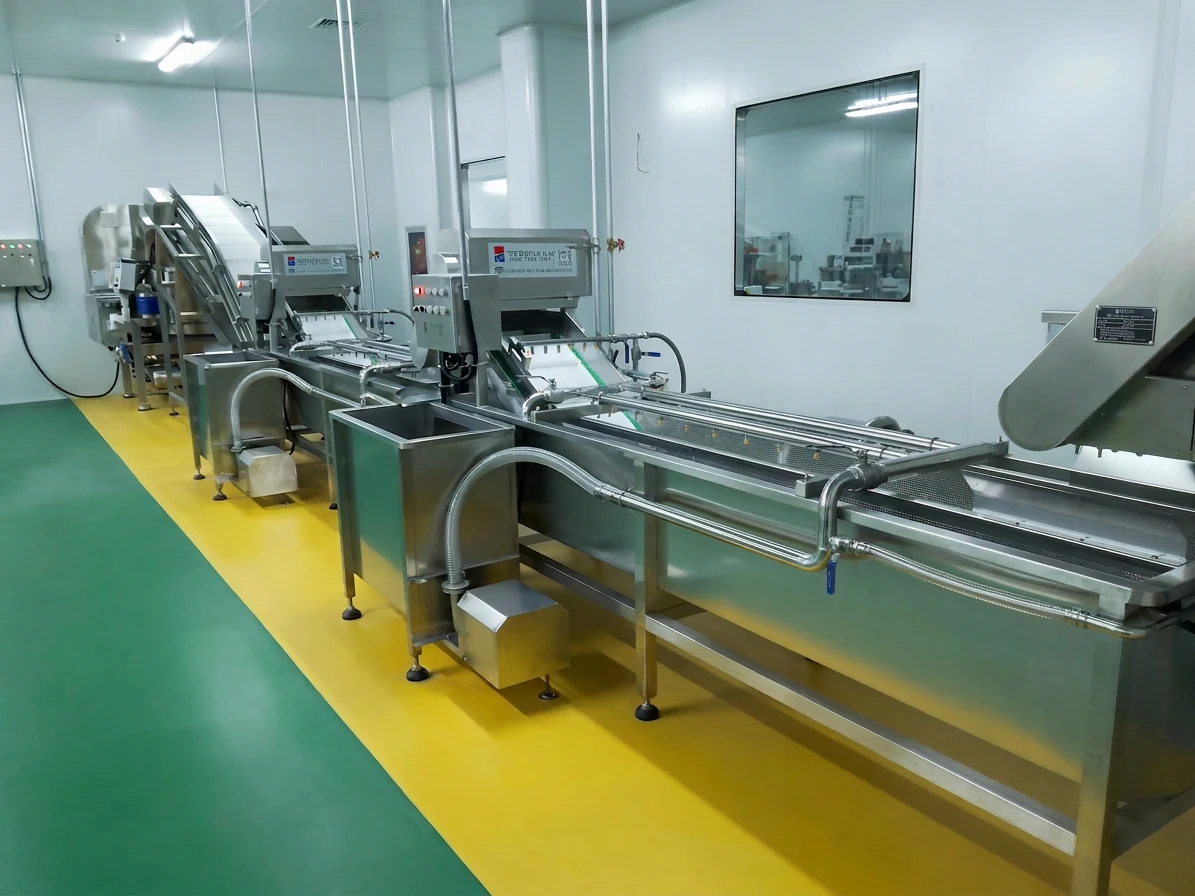 Installed food processing line showing connected conveyors and production interfaces