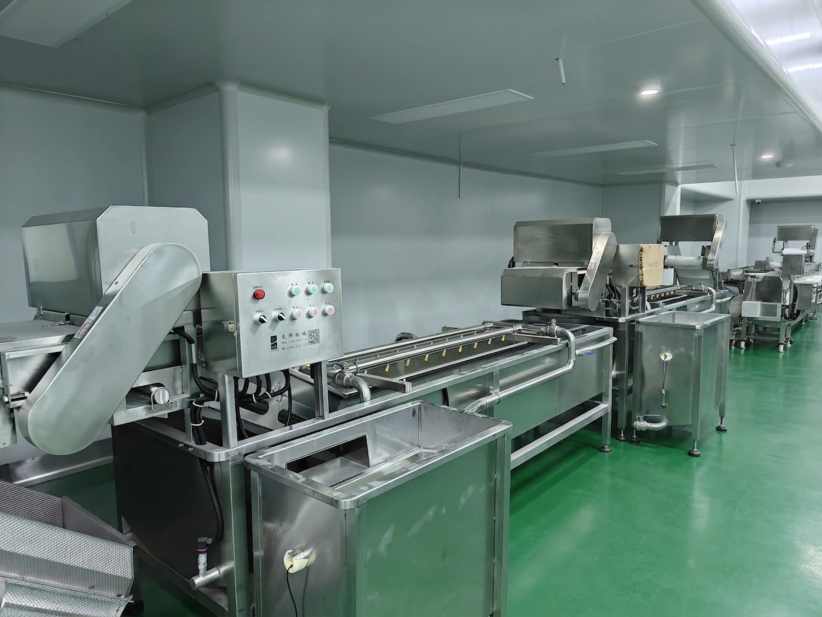 Stainless steel conveyor processing line installed in a hygienic production room