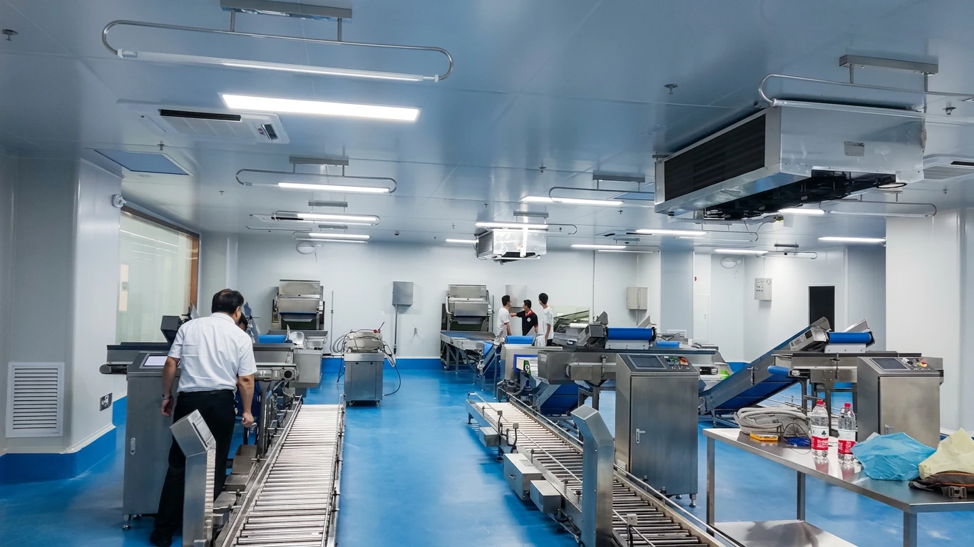 TEEMYEAH workers operating food preparation line in hygienic processing area