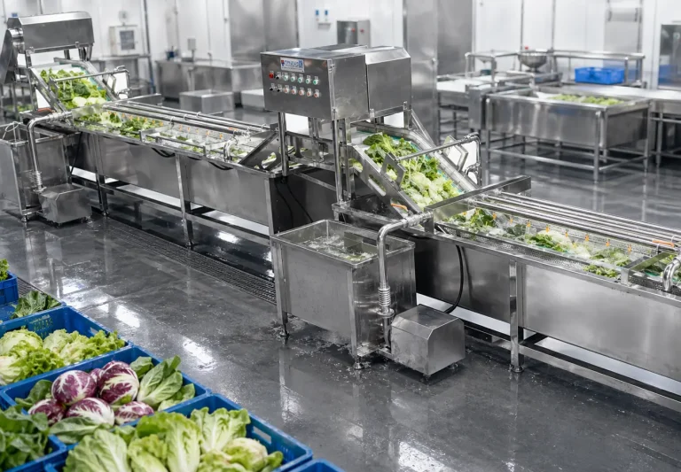 Fresh-cut vegetables moving through an industrial washing line in a clean processing facility