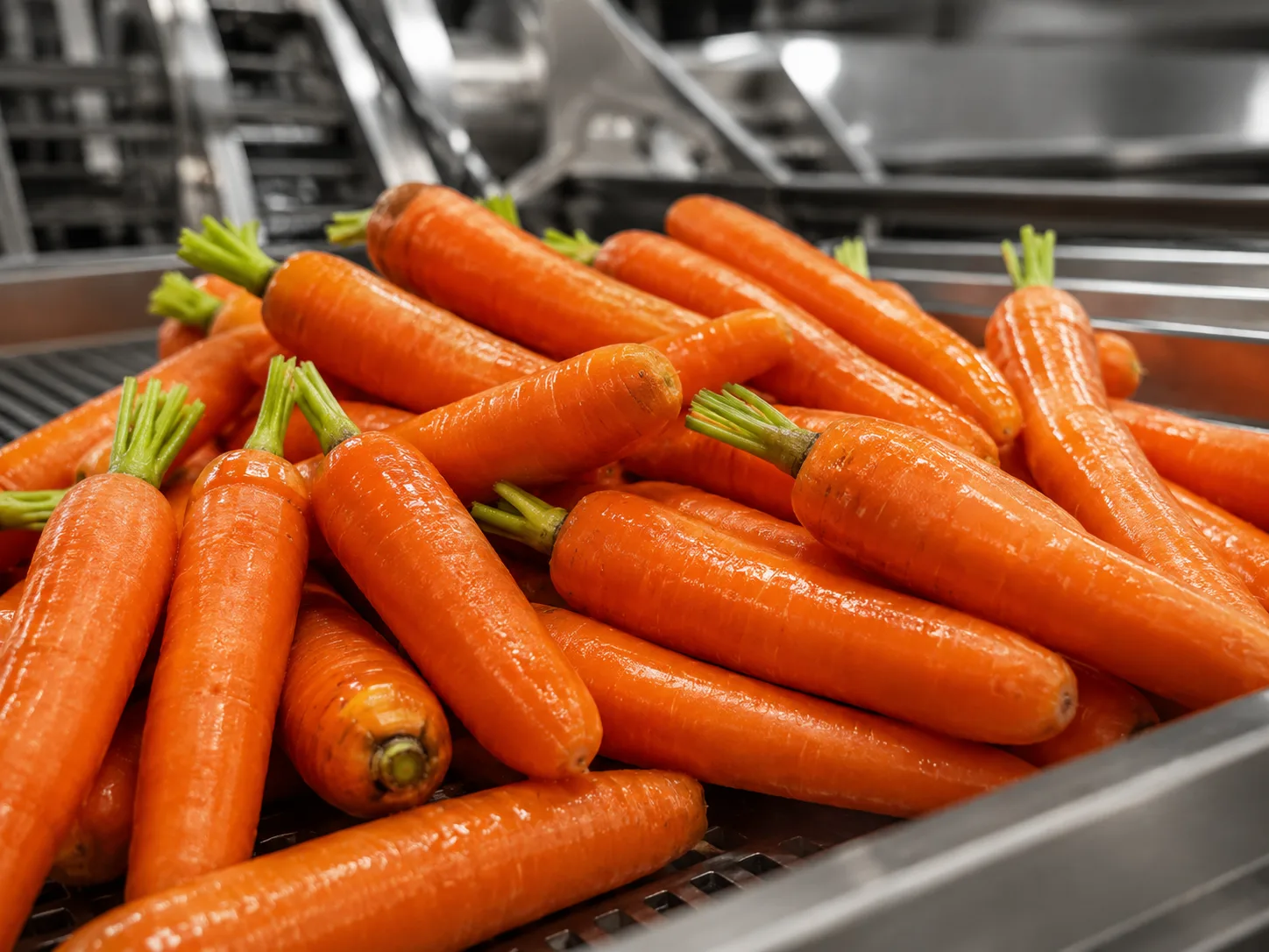 Carrots staged on stainless steel equipment within a controlled raw-material processing route
