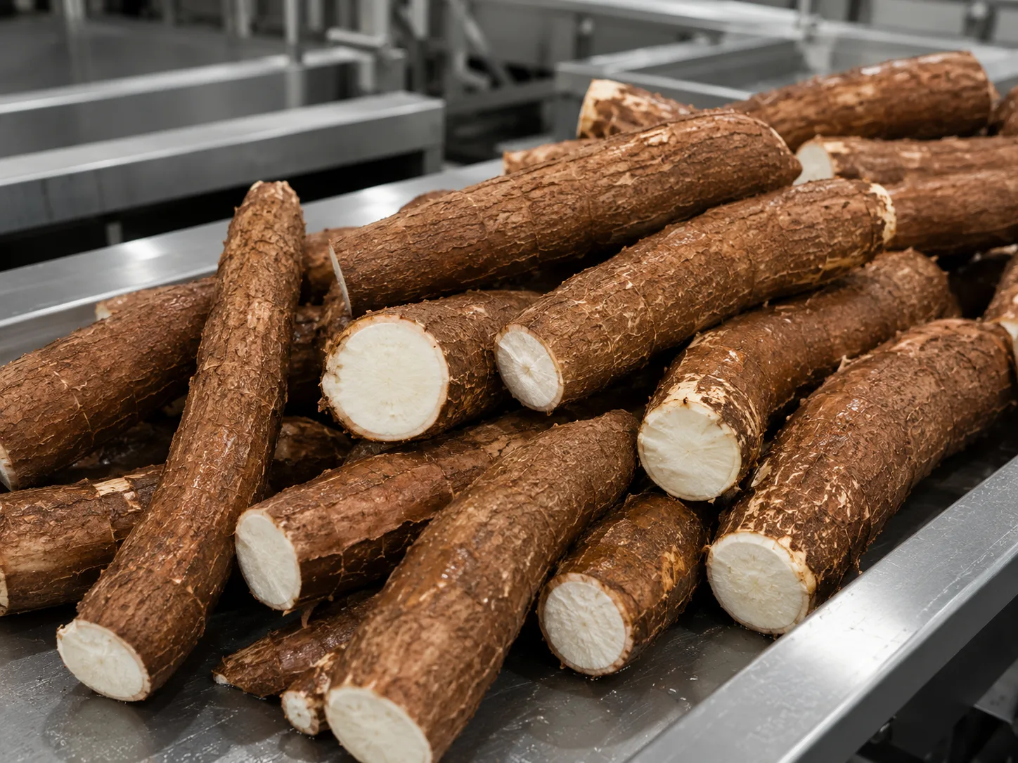 Cassava roots staged on a stainless-steel processing line during raw-material evaluation
