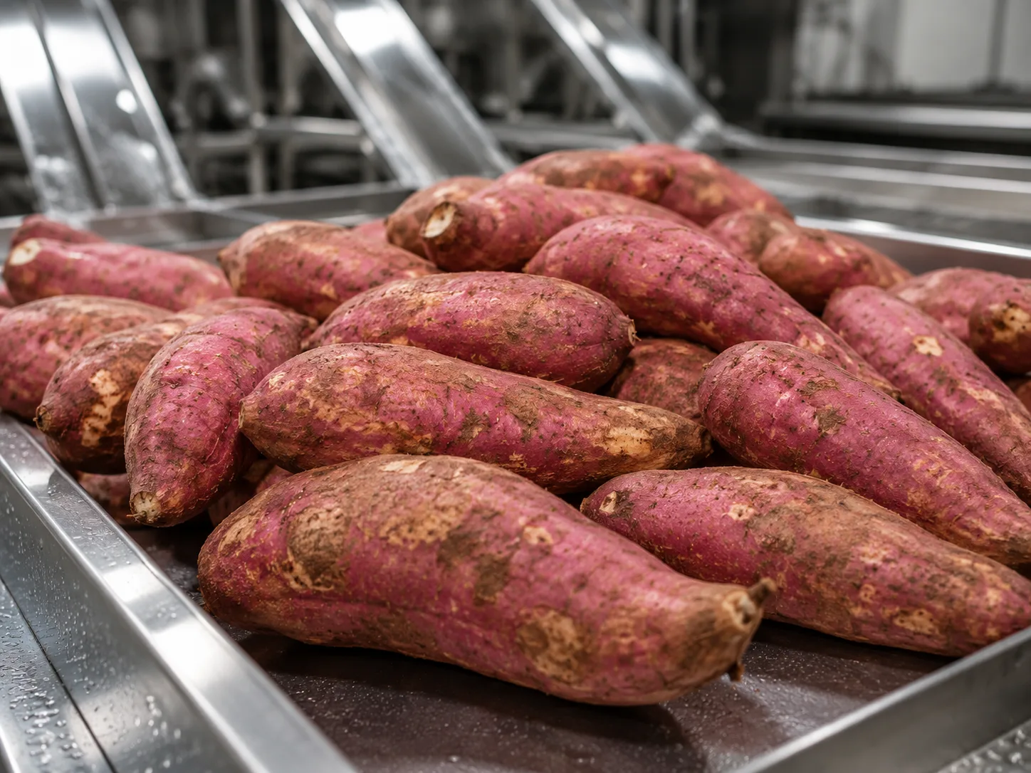 Sweet potatoes staged on a stainless-steel root vegetable processing line