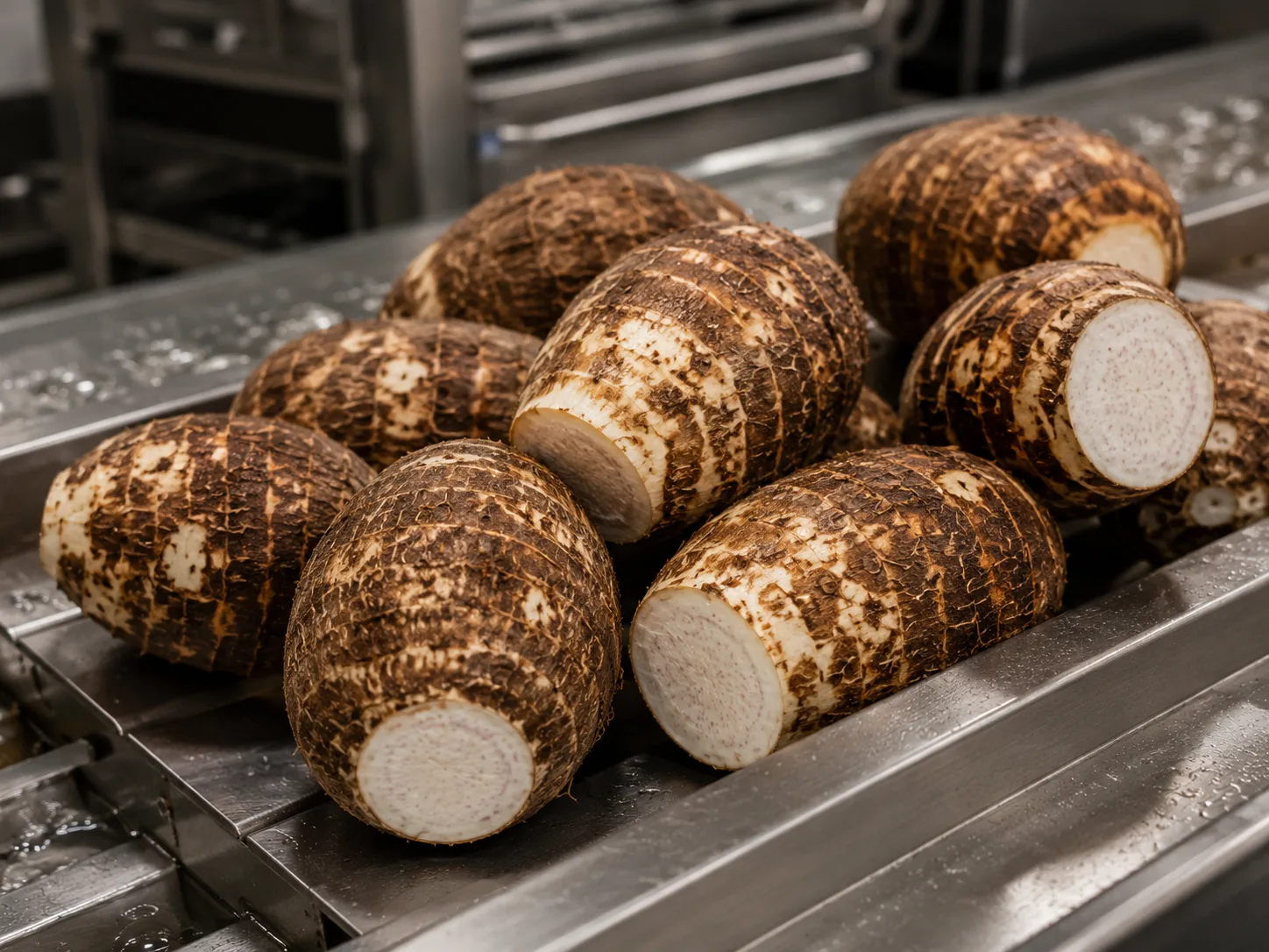 Taro roots moving on a stainless processing conveyor before washing and peeling