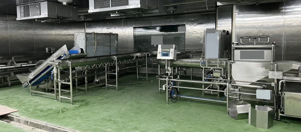 Stainless steel salad processing equipment and inclined conveyors during site installation