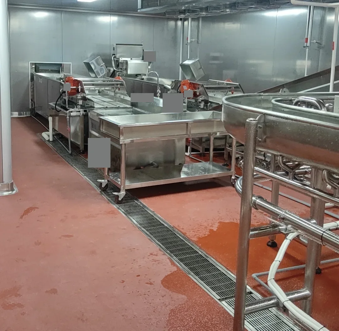 Stainless steel process equipment and transfer connections in a salad preparation area