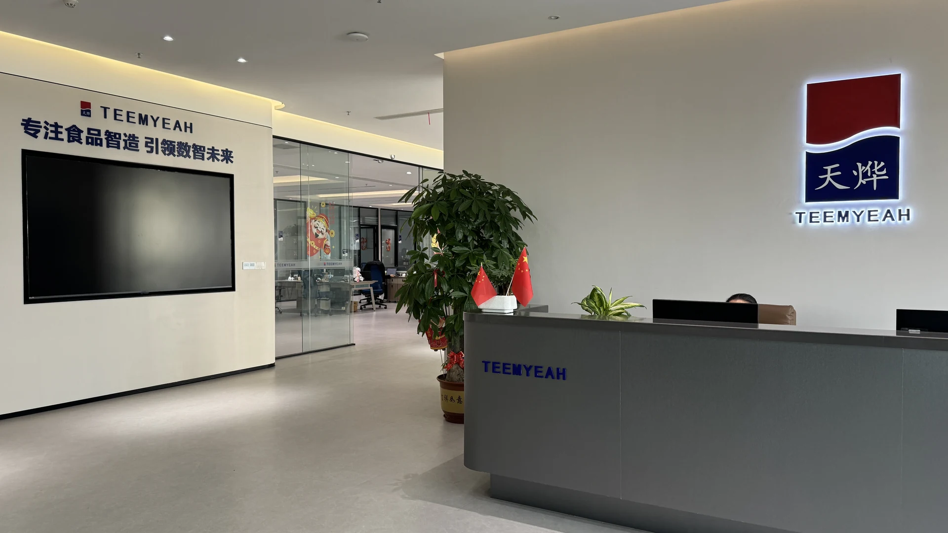 Modern TEEMYEAH office lobby with reception desk and company signage