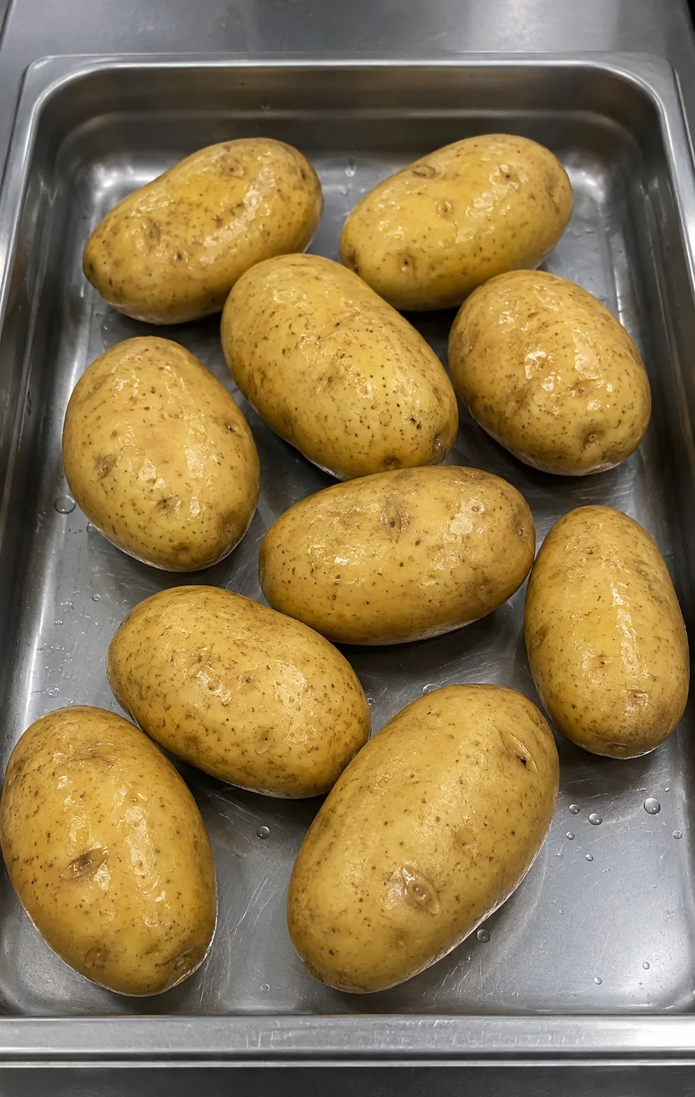 Washed potatoes with their natural skin retained before peeling method trials
