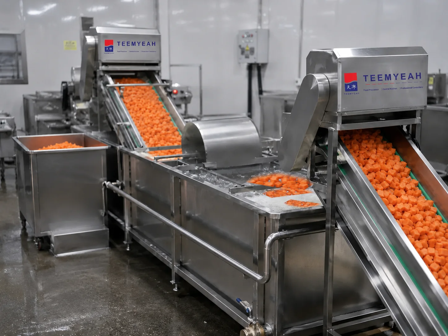 Machine-cut carrot dice moving through a preparation line for multi-outlet foodservice