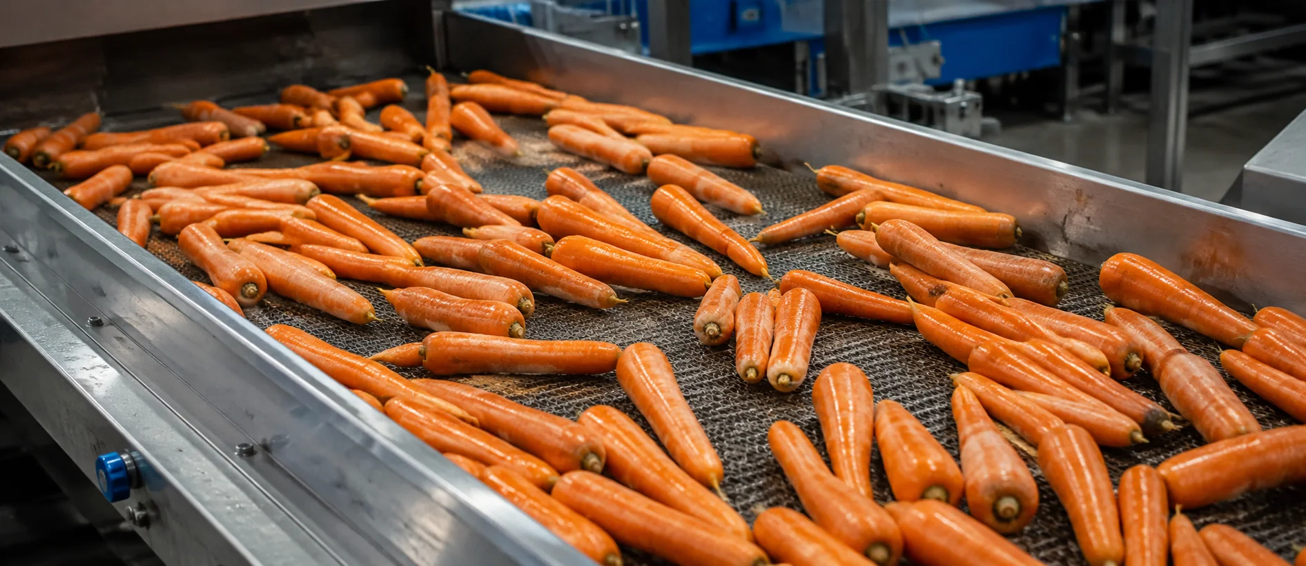 Carrots with varied lengths and diameters on an industrial processing conveyor