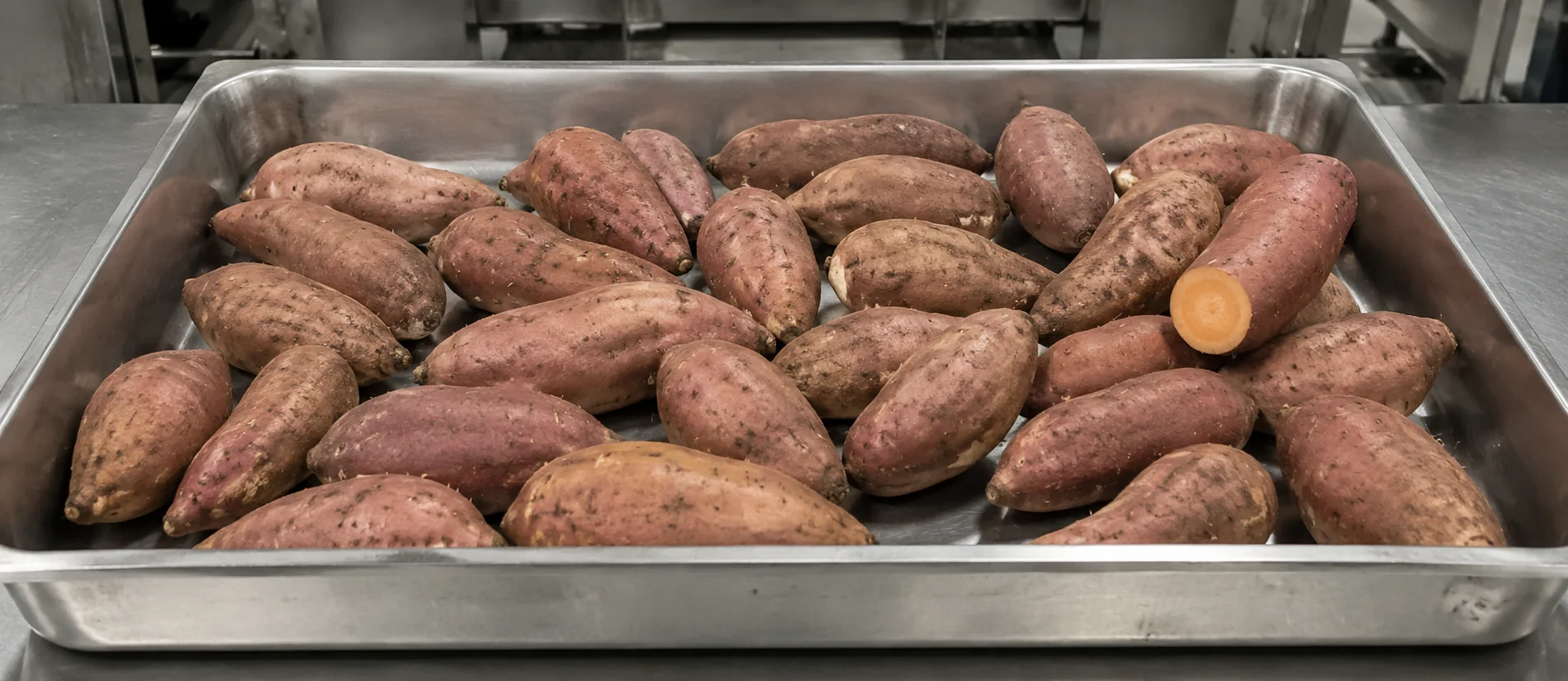 Sweet potatoes in a stainless tray showing size and skin-condition variation