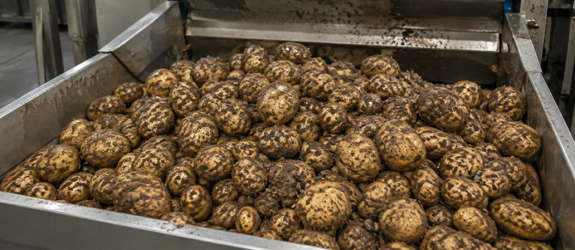 Unwashed potatoes with soil and small stones entering an industrial pre-washing area
