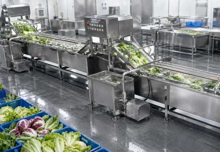 Leafy vegetables moving through TEEMYEAH washing tanks and discharge conveyors