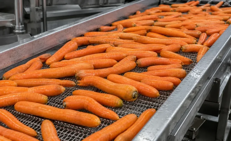 Whole carrots on a processing conveyor before size reduction