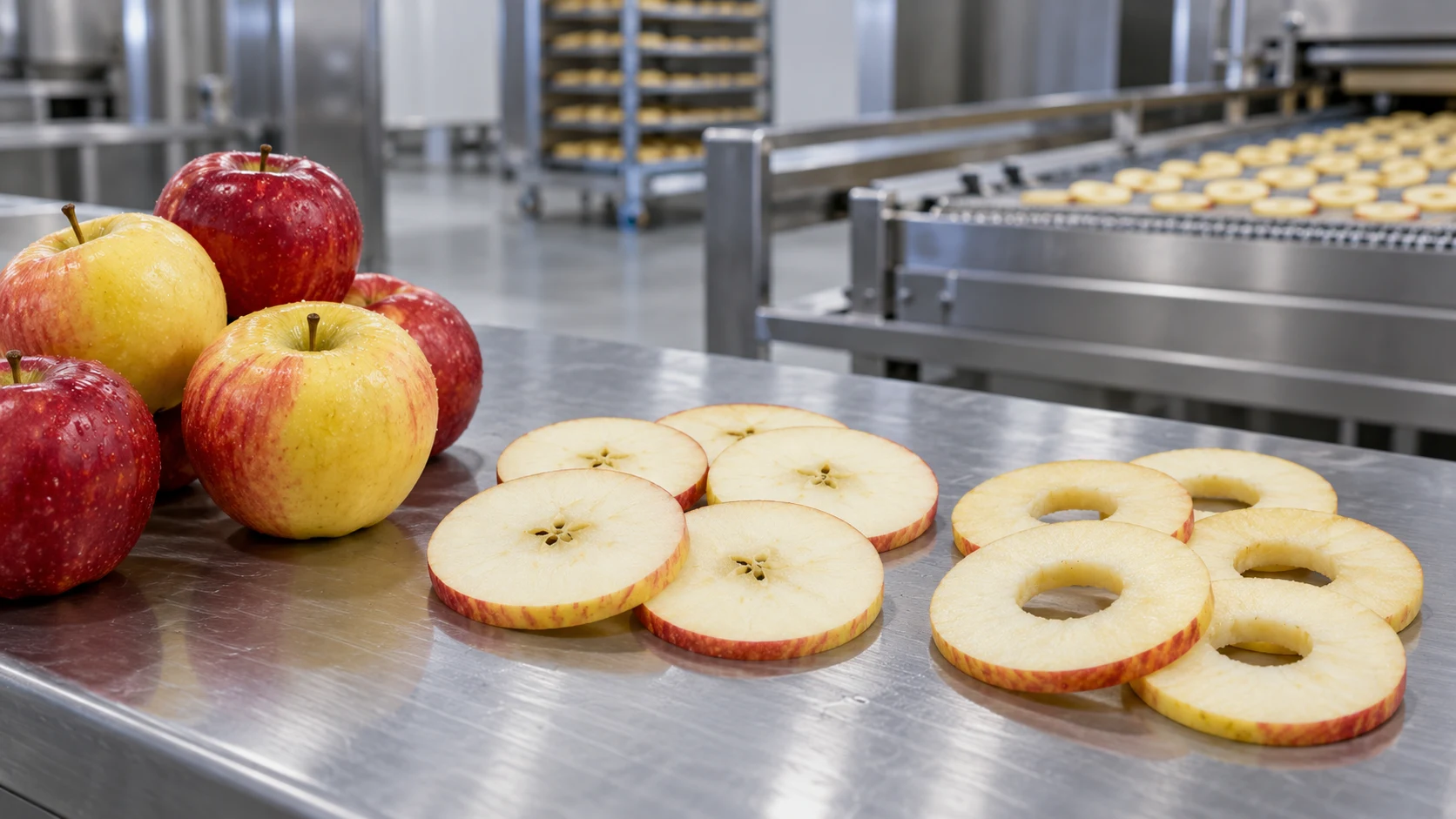 Whole apples, closed-center slices and open-center rings arranged for a dried-apple cutter trial