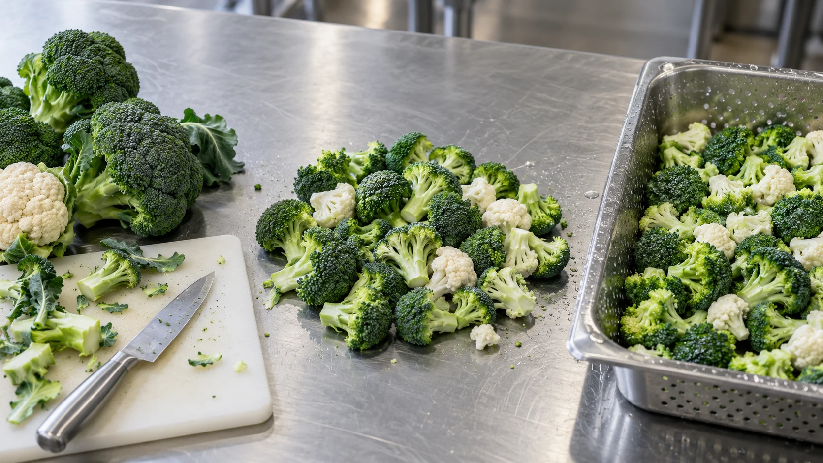 Broccoli washing equipment planning from manual preparation to washed florets