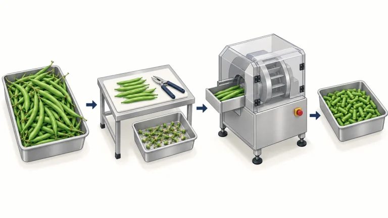 Green bean processing equipment concept showing manual trimming before segment cutting