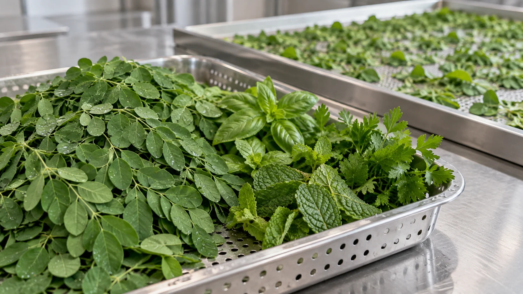 Herb washing and dewatering equipment concept with clean moringa and mixed herbs before hot-air drying