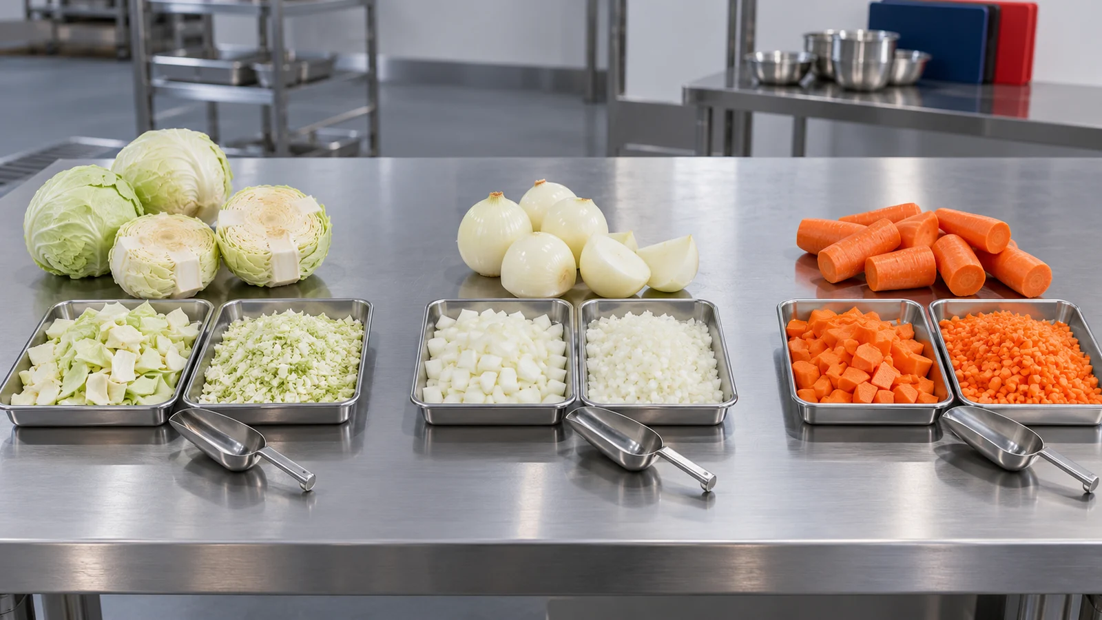 Industrial vegetable chopper working principle illustrated by cabbage, onion and carrot trial textures