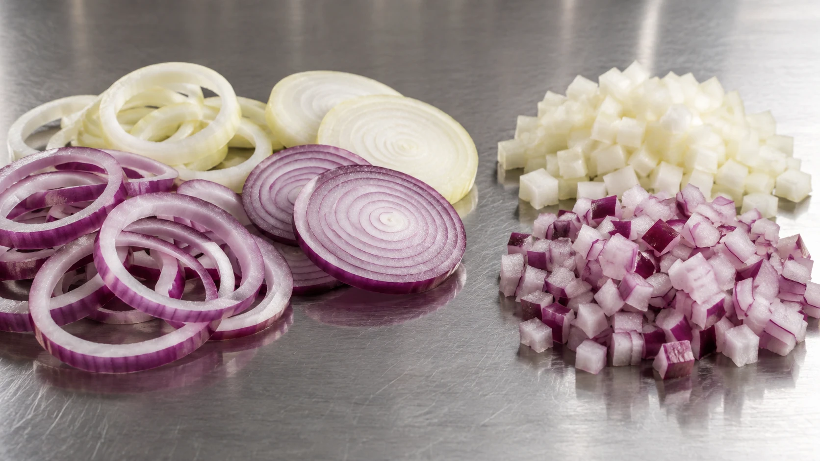 Onion processing equipment for dehydration illustrated with onion slices, rings and controlled dice