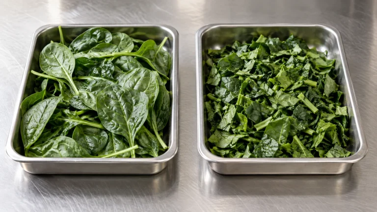 Editorial illustration of whole and coarse-cut spinach for pre-processing before IQF